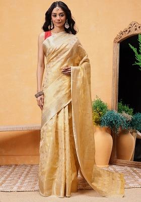 Beige Embroidered Tissue Silk Pre Stitched Saree