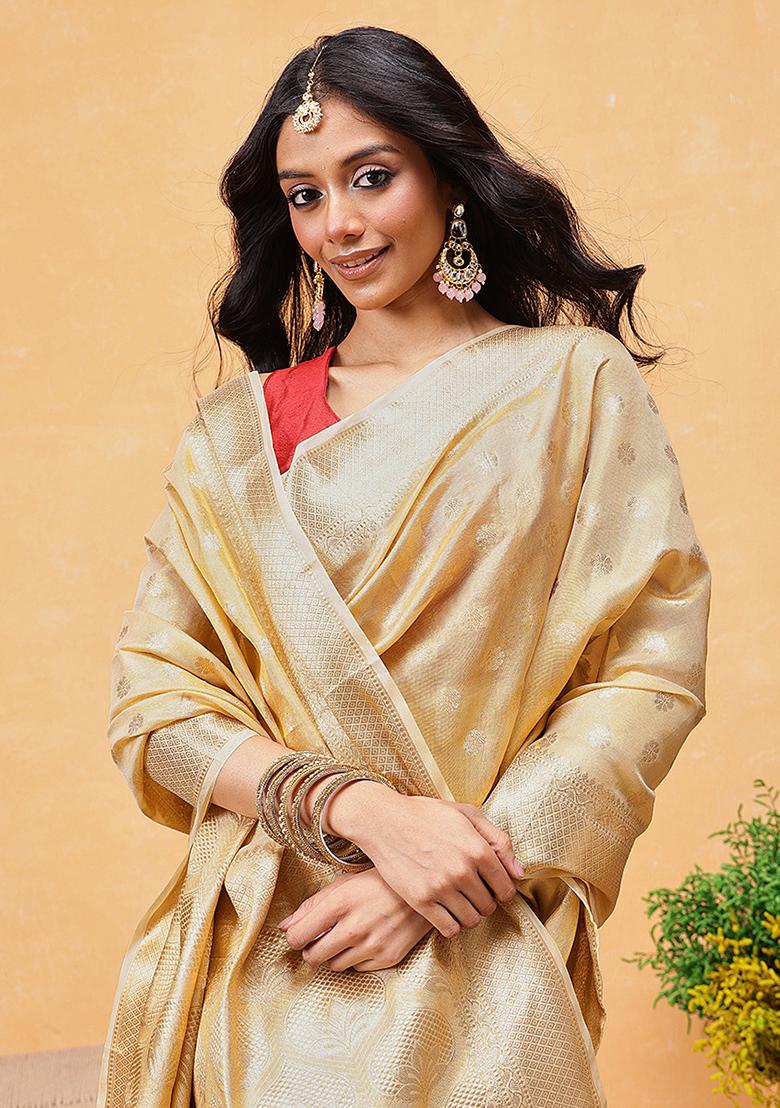 Beige Embroidered Tissue Silk Pre Stitched Saree