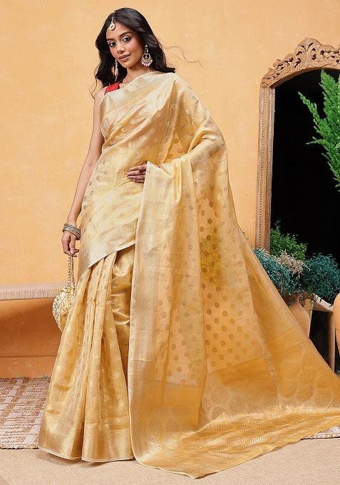 Beige Embroidered Tissue Silk Pre Stitched Saree