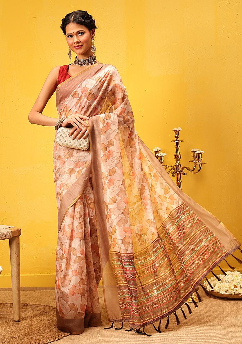Beige Embroidered Cotton Blend Pre Stitched Saree