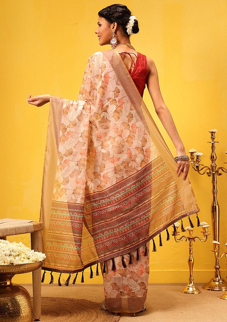 Beige Embroidered Cotton Blend Pre Stitched Saree