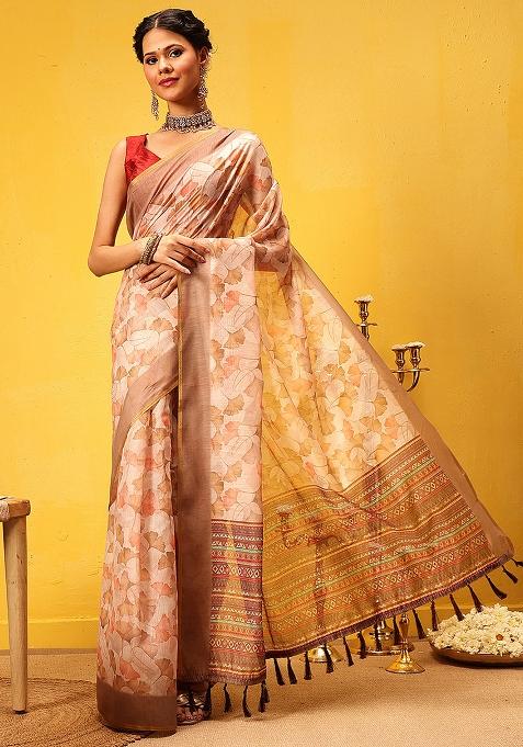 Beige Embroidered Cotton Blend Pre Stitched Saree