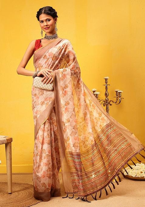 Beige Embroidered Cotton Blend Pre Stitched Saree