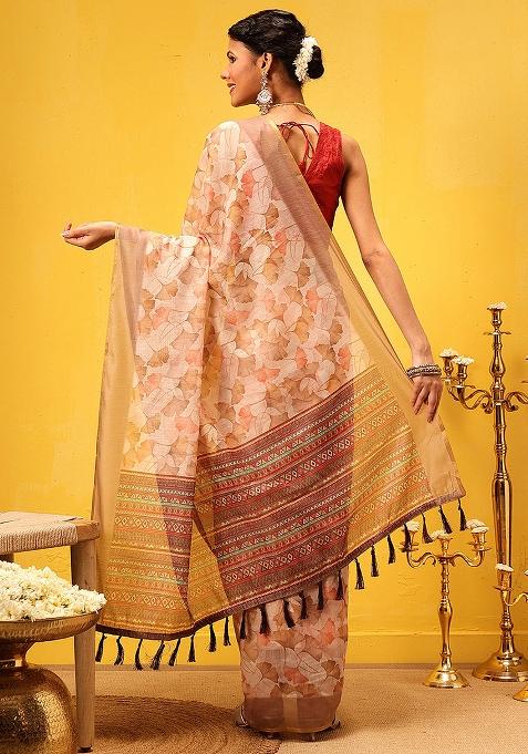 Beige Embroidered Cotton Blend Pre Stitched Saree