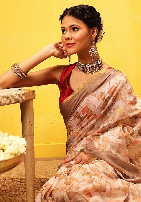 Beige Embroidered Cotton Blend Pre Stitched Saree