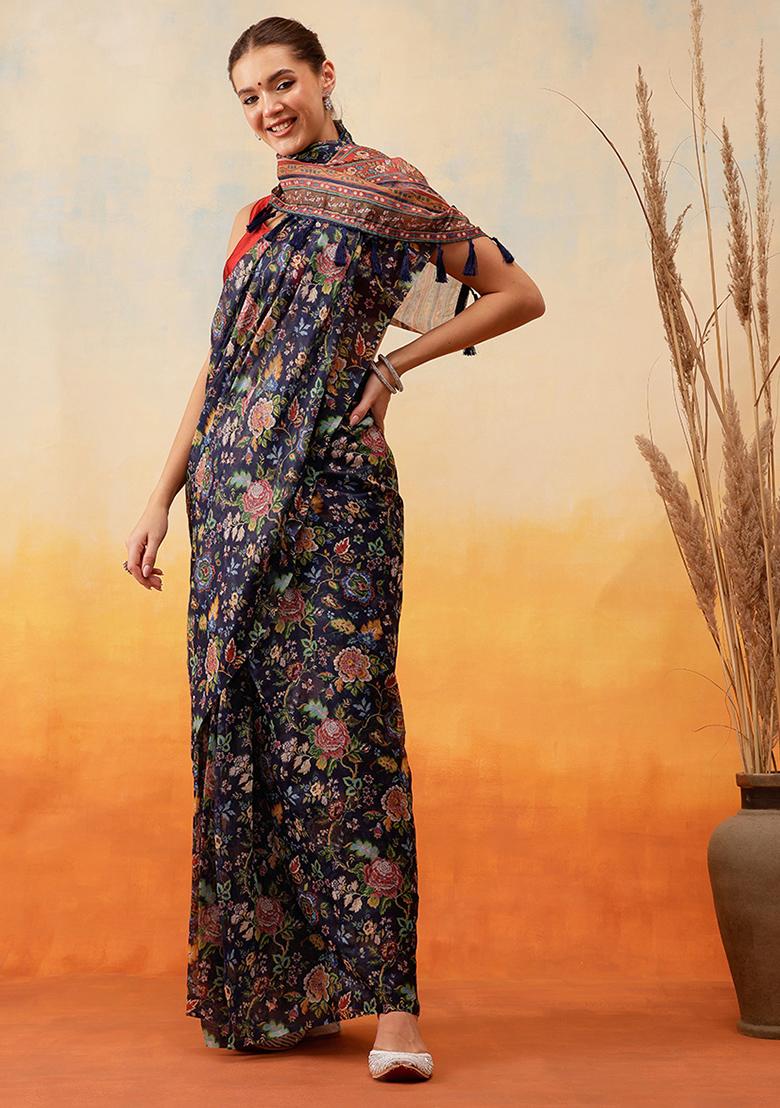 Navy Blue Embroidered Cotton Blend Pre Stitched Saree