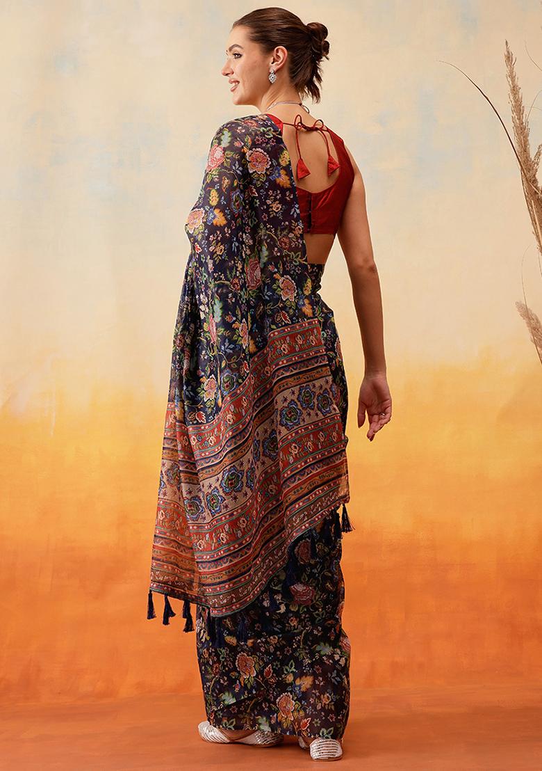 Navy Blue Embroidered Cotton Blend Pre Stitched Saree