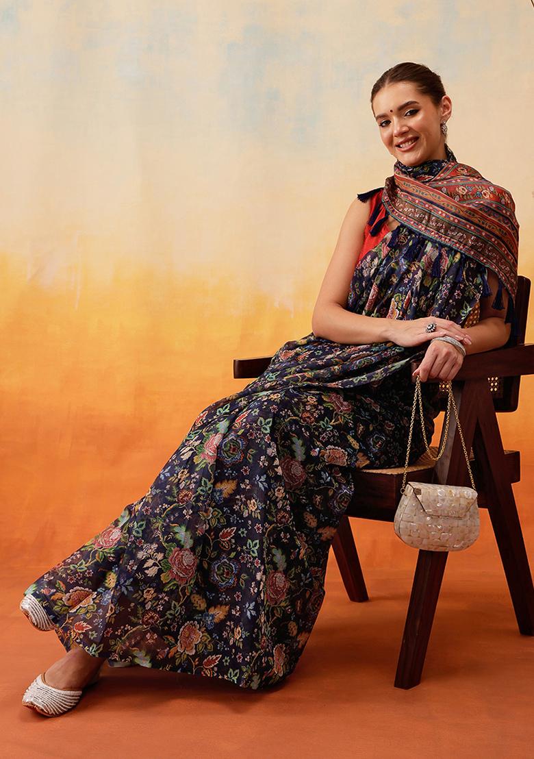 Navy Blue Embroidered Cotton Blend Pre Stitched Saree