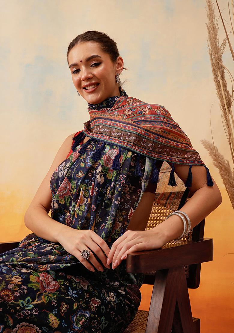 Navy Blue Embroidered Cotton Blend Pre Stitched Saree