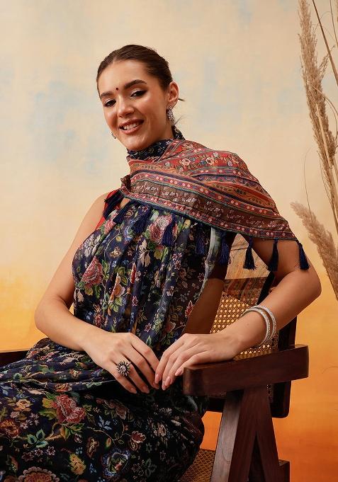 Navy Blue Embroidered Cotton Blend Pre Stitched Saree