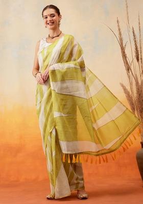 Yellow Embroidered Cotton Blend Pre Stitched Saree