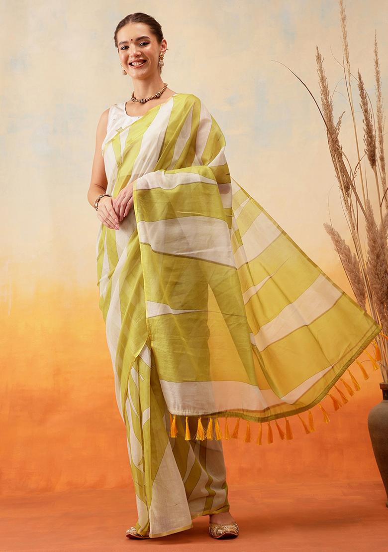 Yellow Embroidered Cotton Blend Pre Stitched Saree