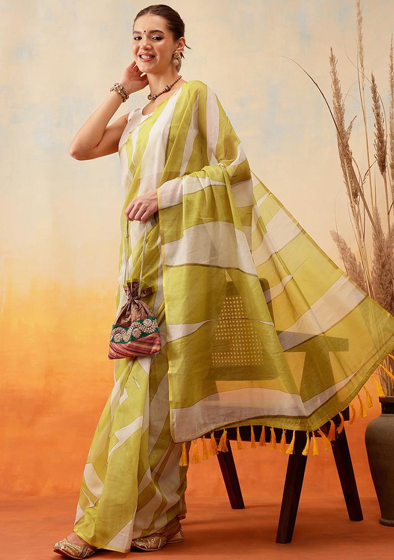 Yellow Embroidered Cotton Blend Pre Stitched Saree