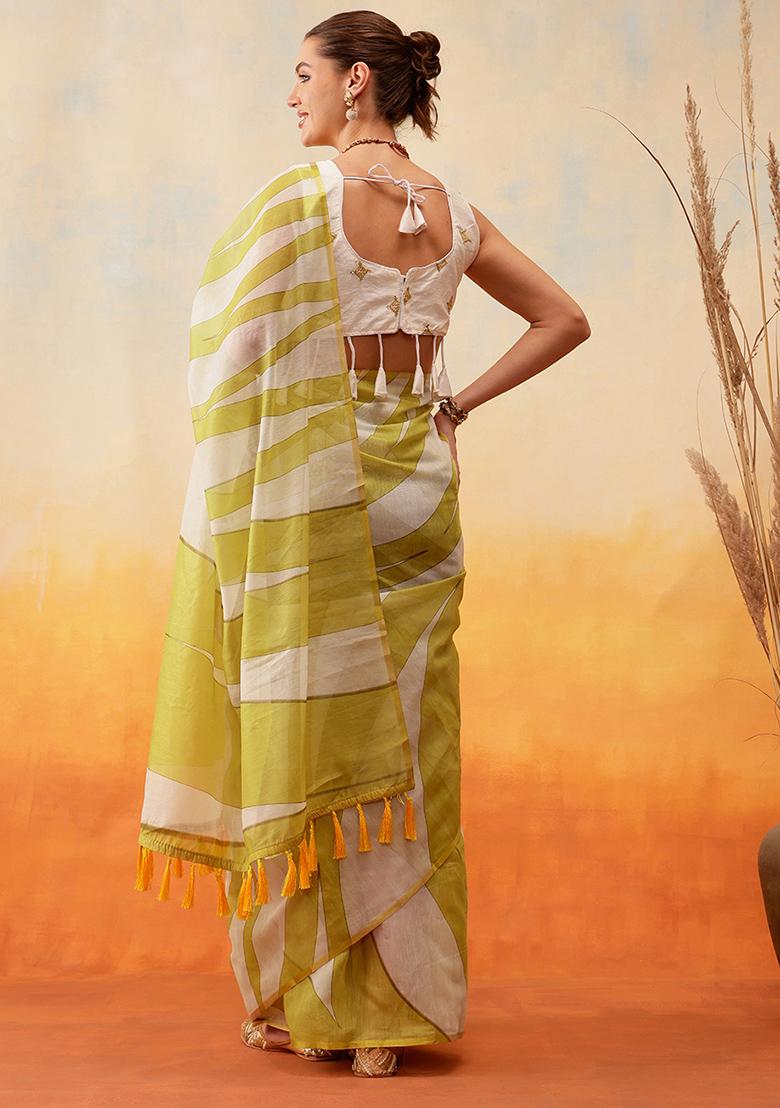 Yellow Embroidered Cotton Blend Pre Stitched Saree