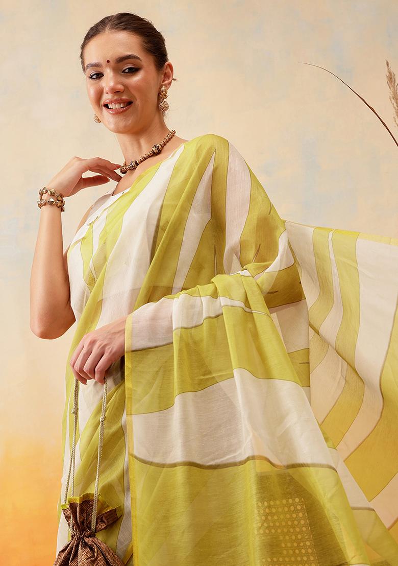 Yellow Embroidered Cotton Blend Pre Stitched Saree