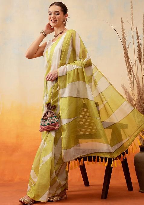 Yellow Embroidered Cotton Blend Pre Stitched Saree