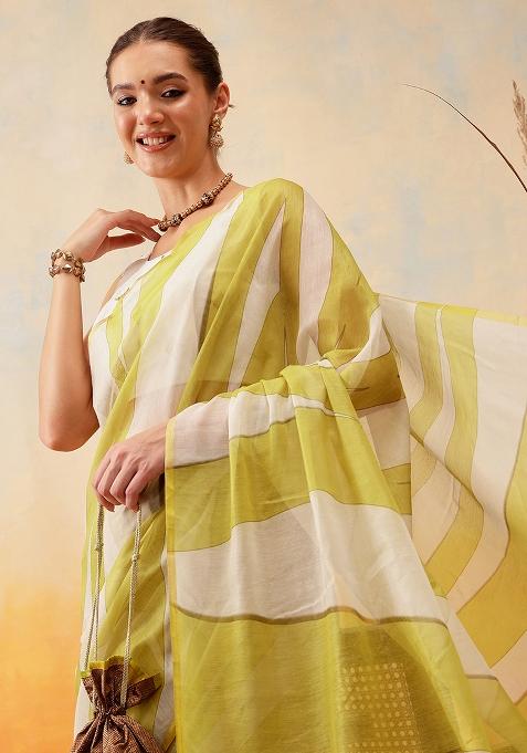 Yellow Embroidered Cotton Blend Pre Stitched Saree