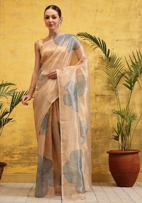 Beige Embroidered Tissue Silk Pre Stitched Saree