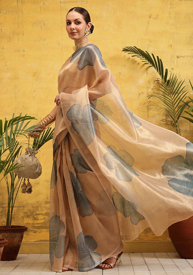 Beige Embroidered Tissue Silk Pre Stitched Saree