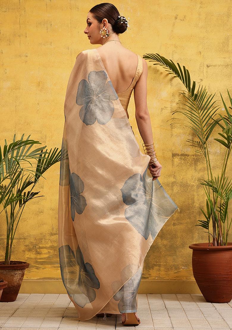 Beige Embroidered Tissue Silk Pre Stitched Saree