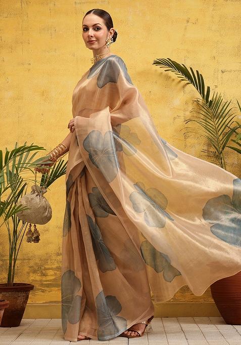 Beige Embroidered Tissue Silk Pre Stitched Saree