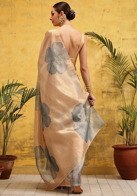 Beige Embroidered Tissue Silk Pre Stitched Saree