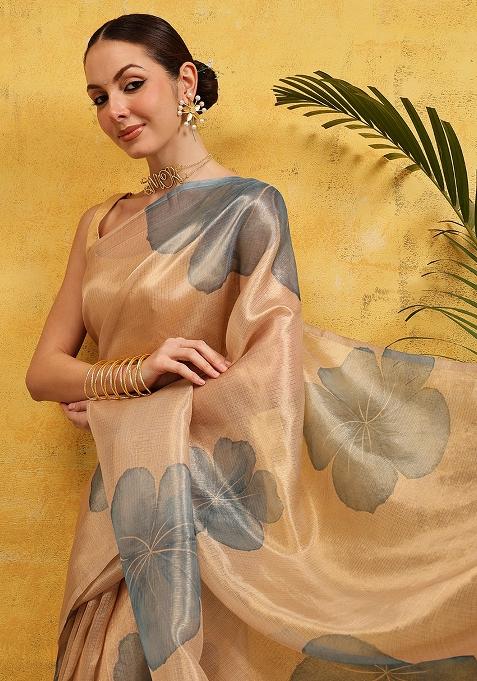 Beige Embroidered Tissue Silk Pre Stitched Saree