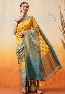 Yellow Embroidered Art Silk Pre Stitched Saree