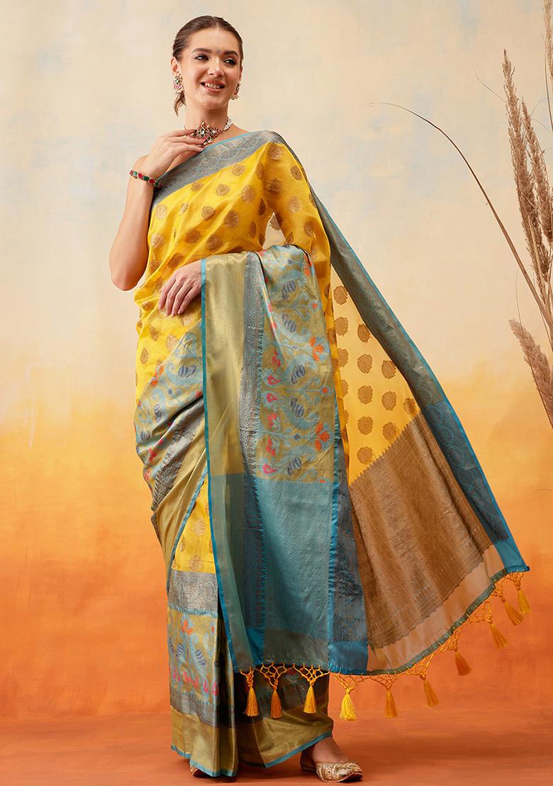 Yellow Embroidered Art Silk Pre Stitched Saree