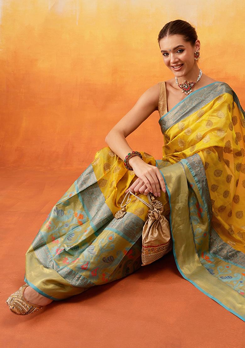 Yellow Embroidered Art Silk Pre Stitched Saree