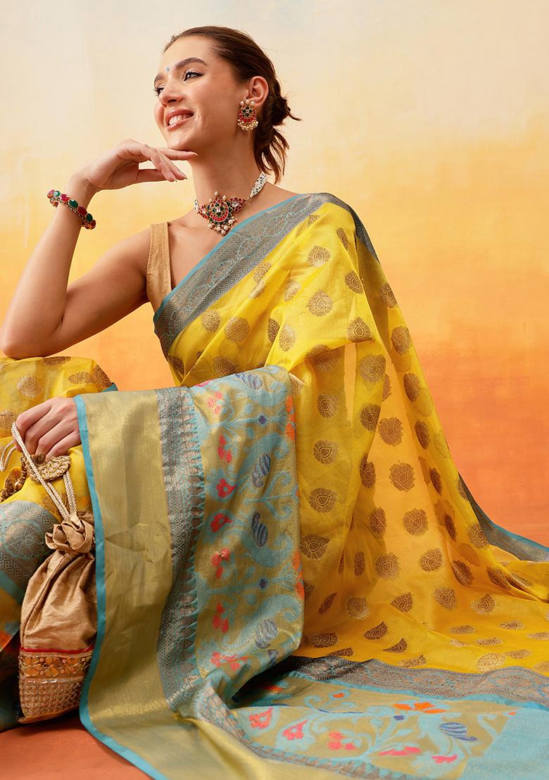 Yellow Embroidered Art Silk Pre Stitched Saree