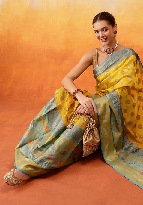 Yellow Embroidered Art Silk Pre Stitched Saree
