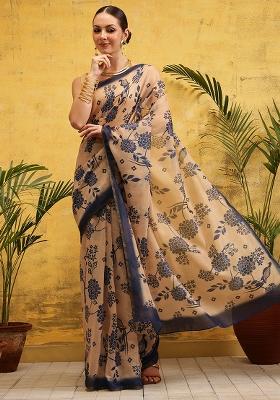 Beige Embroidered Cotton Silk Pre Stitched Saree