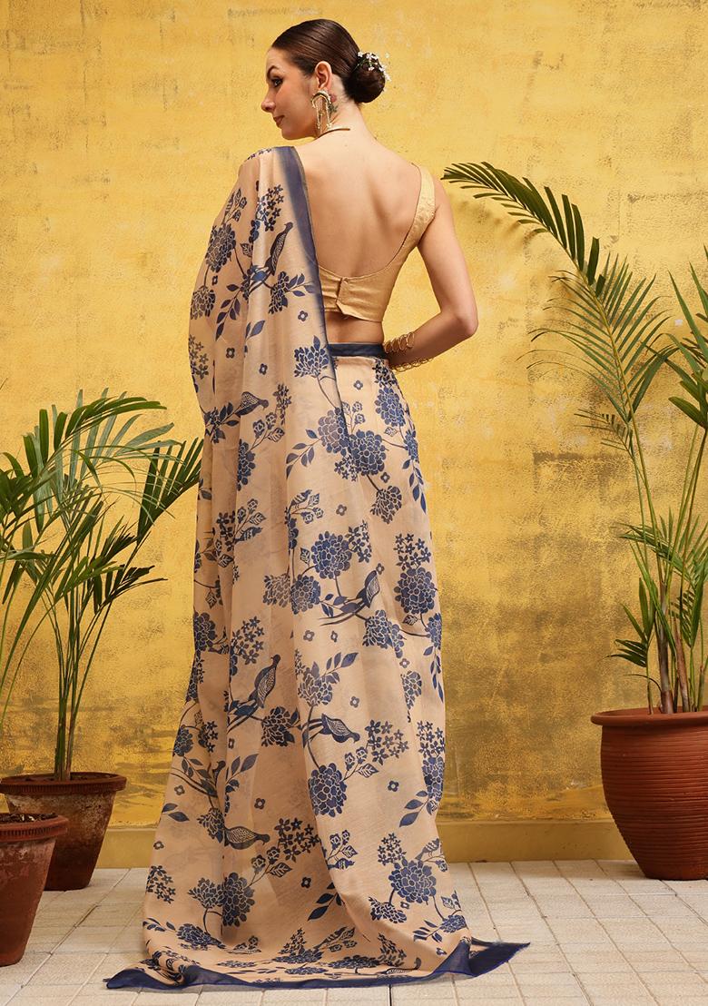 Beige Embroidered Cotton Silk Pre Stitched Saree