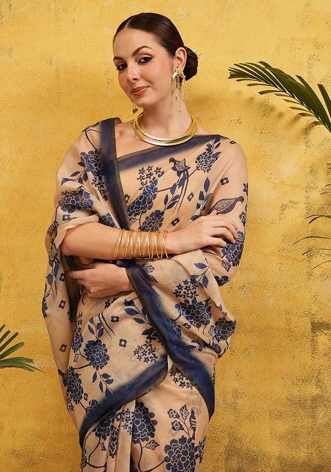 Beige Embroidered Cotton Silk Pre Stitched Saree
