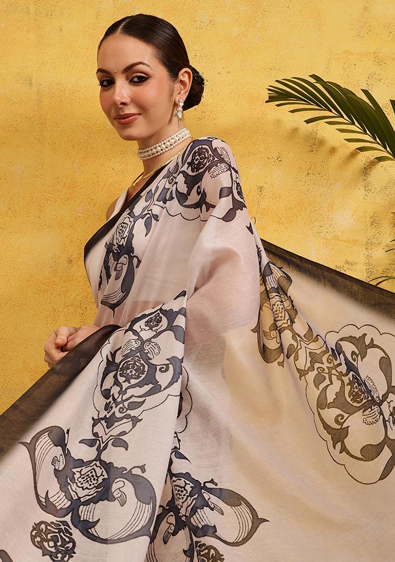 Off White Embroidered Cotton Silk Pre Stitched Saree