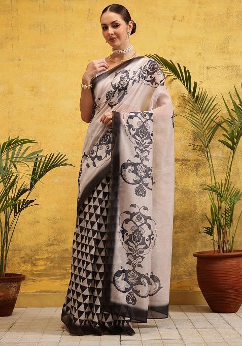 Off White Embroidered Cotton Silk Pre Stitched Saree