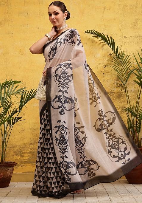 Off White Embroidered Cotton Silk Pre Stitched Saree