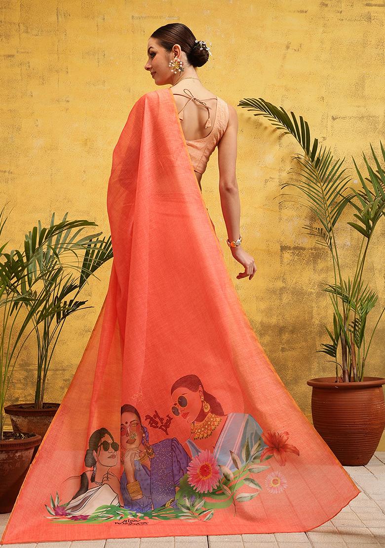 Peach Embroidered Cotton Silk Pre Stitched Saree
