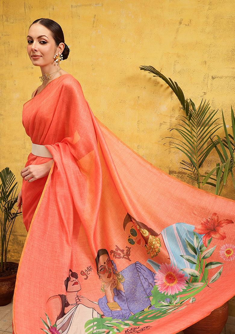 Peach Embroidered Cotton Silk Pre Stitched Saree