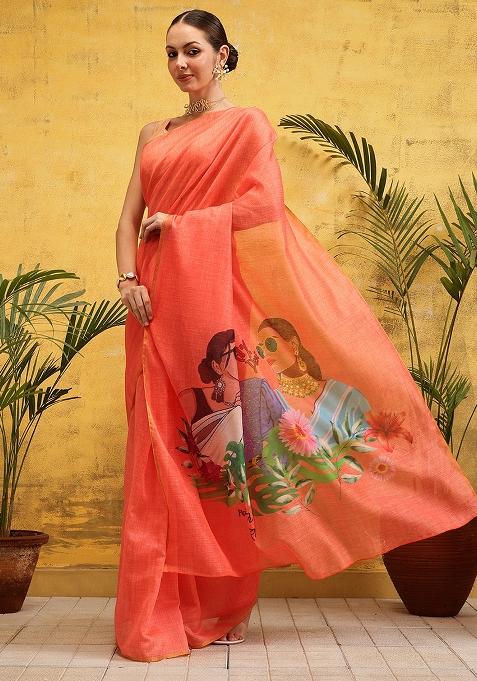 Peach Embroidered Cotton Silk Pre Stitched Saree