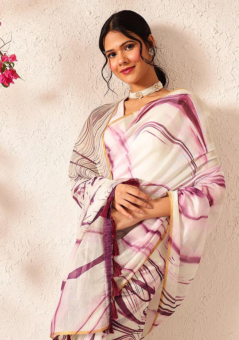 Burgundy Embroidered Cotton Blend Pre Stitched Saree