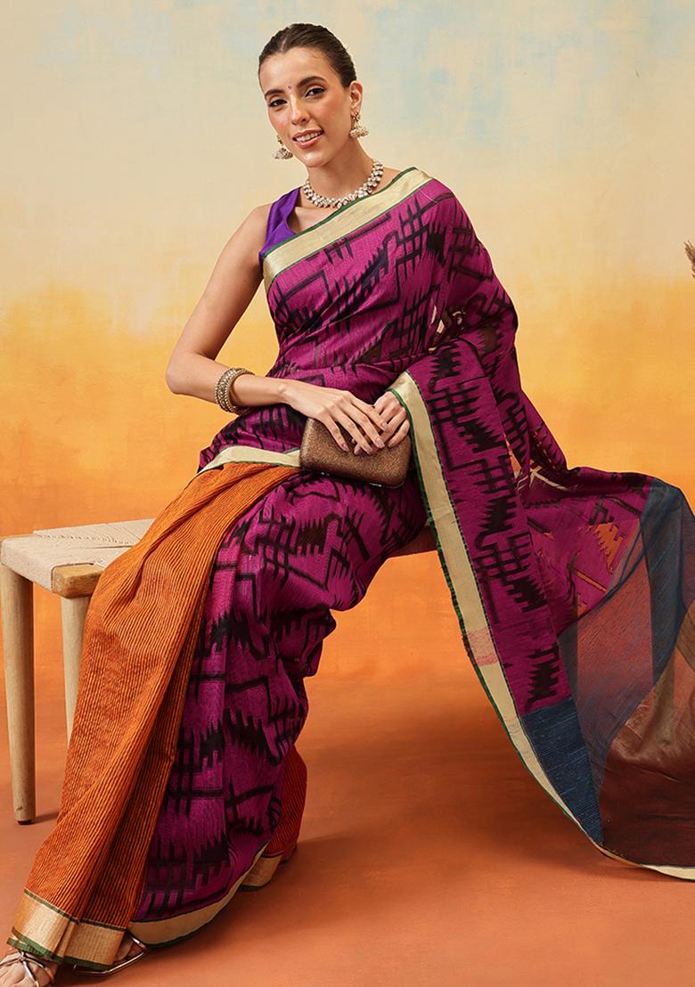 Purple Embroidered Cotton Blend Pre Stitched Saree
