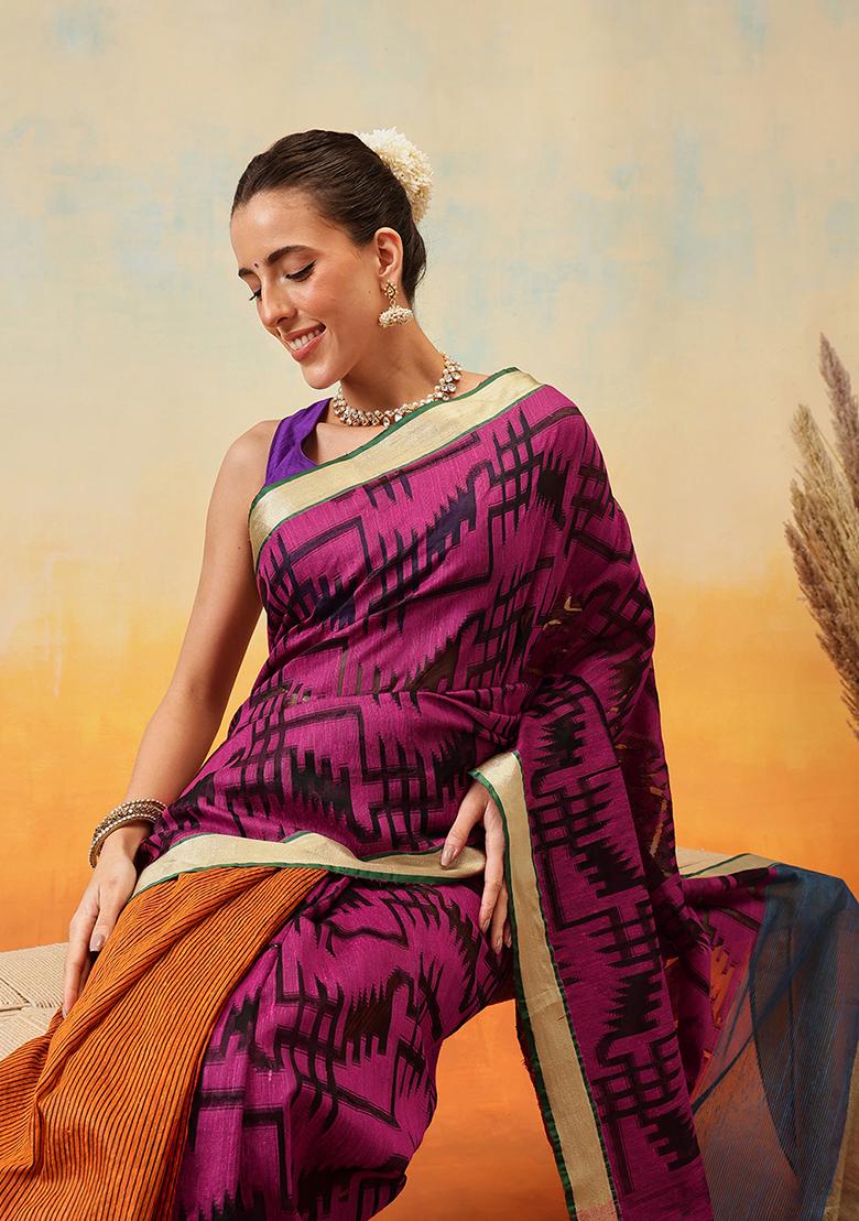 Purple Embroidered Cotton Blend Pre Stitched Saree