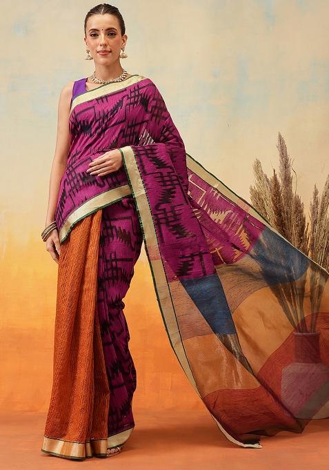 Purple Embroidered Cotton Blend Pre Stitched Saree