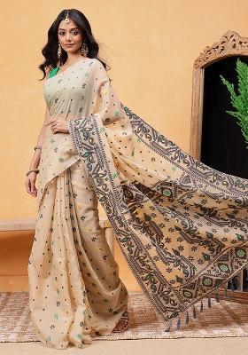 Black Embroidered Cotton Blend Pre Stitched Saree