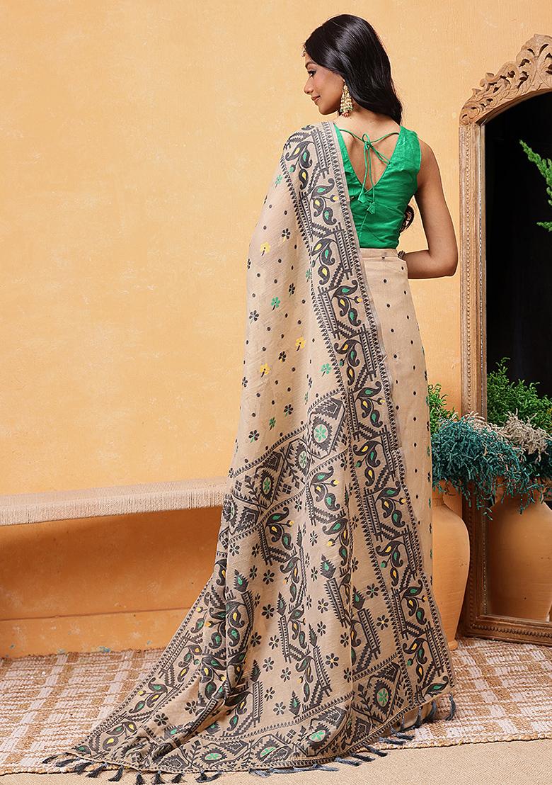 Black Embroidered Cotton Blend Pre Stitched Saree