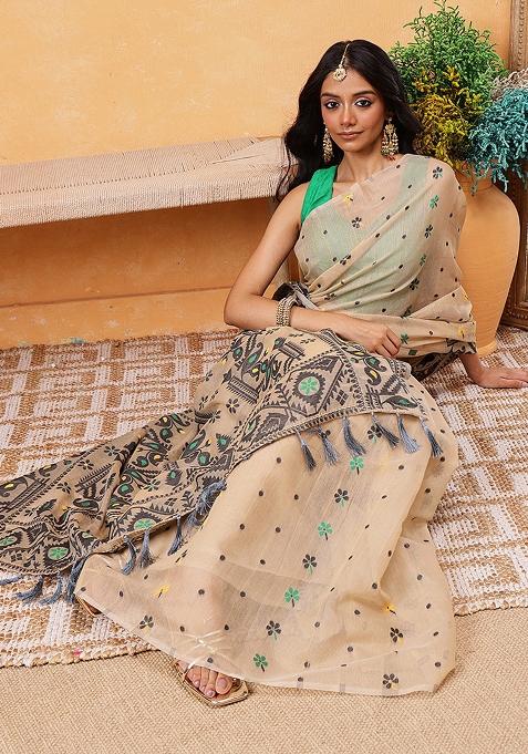 Black Embroidered Cotton Blend Pre Stitched Saree