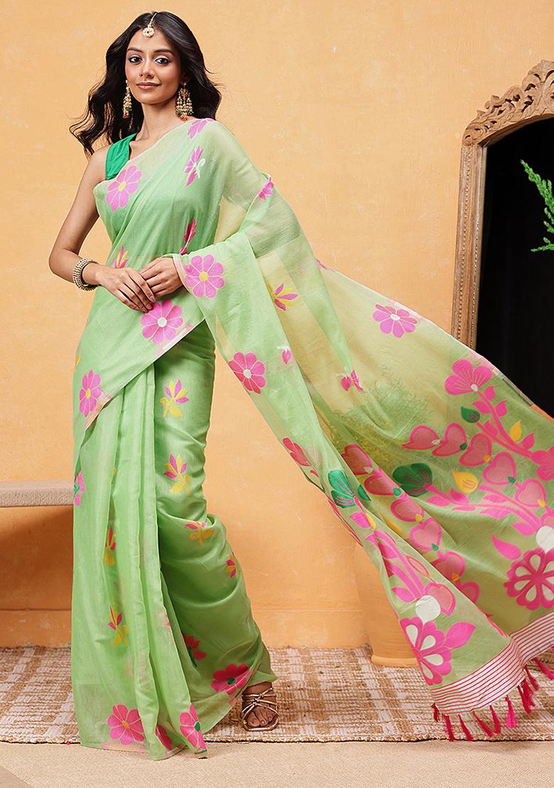 Green Embroidered Cotton Blend Pre Stitched Saree