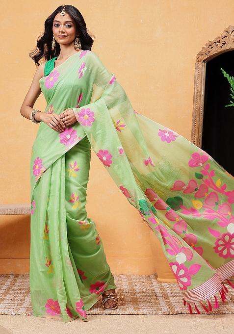 Green Embroidered Cotton Blend Pre Stitched Saree
